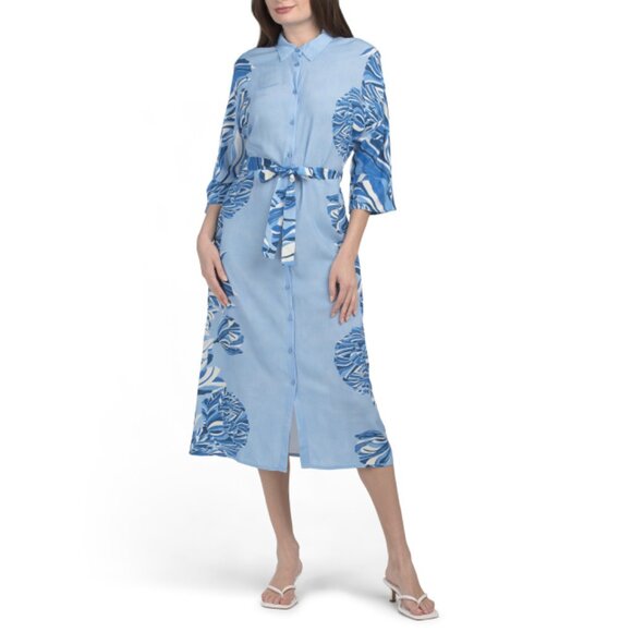 MAGARI Navy/blue Made In Italy Long Sleeve Floral Border Midi Shirt Dress - Picture 1 of 2